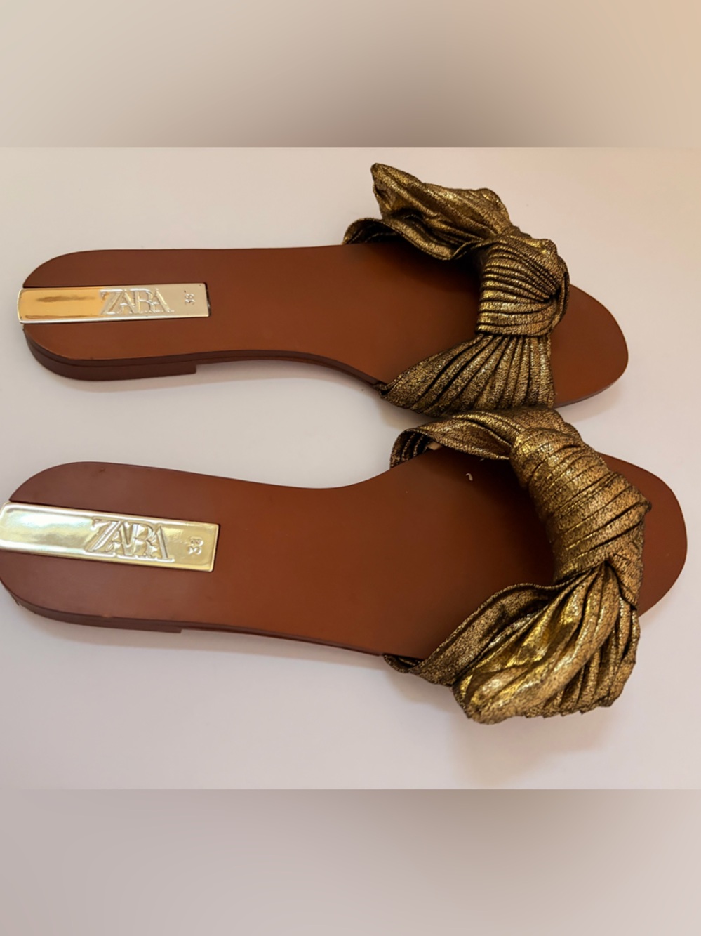 Zara Metallic Gold Knotted Slide Sandals